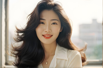 A woman with long hair and a white shirt is smiling