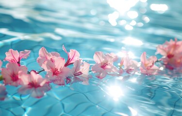 Wall Mural - A beautiful pink flower is floating on the surface of a blue pool