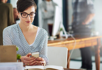 Canvas Print - Phone, typing and business woman at desk with online chat, research and networking on social media. Communication, connectivity and consultant in office with smartphone, notes and mobile app for info