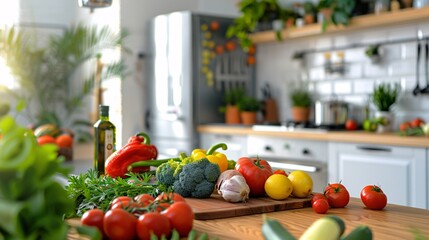 A kitchen counter is filled with a variety of fresh vegetables