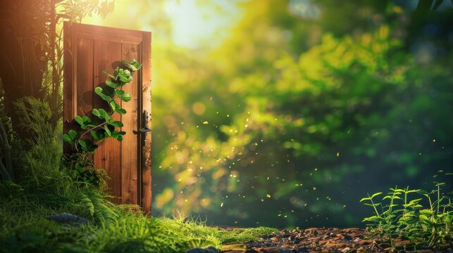 An open wooden door leading to a vibrant green environment, symbolizing new opportunities.

