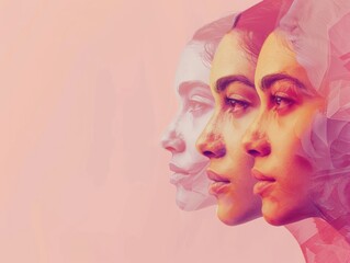Women's day celebration banner, 8 march, multiple women faces graphic illustration, horizontal copy space on pastel pink background. Generative AI