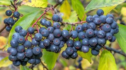 Wall Mural - Wild blue berries on a lush green bush in nature