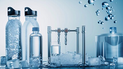 Wall Mural - a bottle of water is next to a glass of water with ice cubes in it