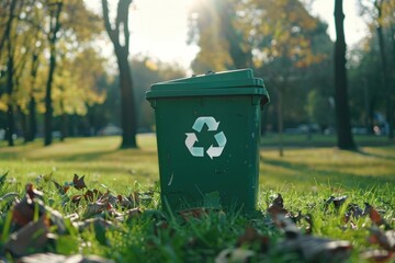 Individual contributing to environmental sustainability by using a green recycle bin in a park.