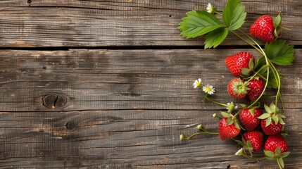 Wall Mural - Fresh strawberries on rustic wooden background with green leaves