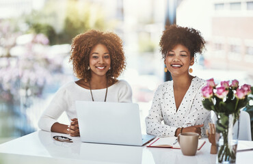 Laptop, smile and portrait of women, office and notebook for project, online and collaboration. Friends, copywriting and happy for notes, creative and teamwork in agency, talking and planning