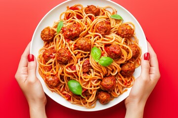 Wall Mural - Appetizing spaghetti with meatballs and basil on red background