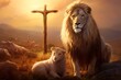 © HarisZai-Designs - Lion of Triumph. The duality of Jesus. Lion and lamb in the meadow at sunset