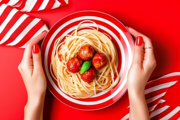 Wall Mural - Delicious spaghetti with meatballs on vibrant red background