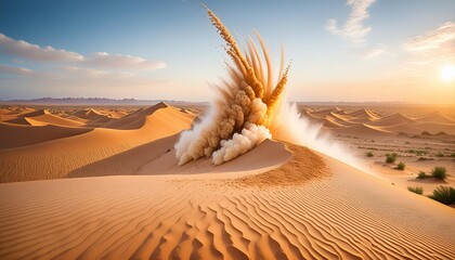 Dramatic explosion of sand in a desert landscape during sunset, with intricate sand patterns and textures highlighted by the warm light.	