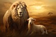 © HarisZai-Designs - Lion of Triumph. The duality of Jesus. Lion and lamb in the meadow at sunset