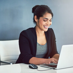 Poster - Office, journalist and business woman with laptop for typing, research and article info for freelance. Self employed, female editor and copywriting with computer for remote work, blog post and story