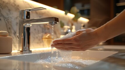 Washing Hands with Soapy Water in a Modern Bathroom