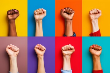 Multicolored background with diverse raised fists symbolizing unity and strength