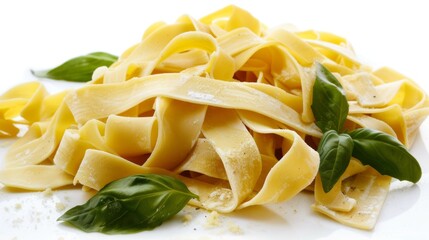 Wall Mural - Fresh homemade pasta with basil leaves on a white background