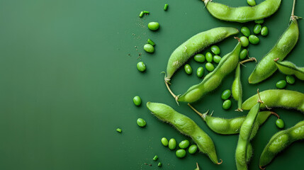 Fresh Green Edamame Pods Scattered on a Vibrant Green Background