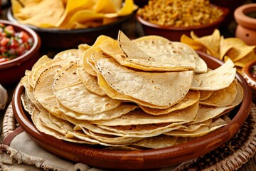 Wall Mural - Fresh homemade corn tortillas on a wooden table