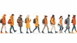 © Pattarin - Set of walking people. Diverse pedestrians walk, tourist with camera, businessman, teenager, student or schoolgirl, courier passerby characters, young men and women, Line art flat vector illustration