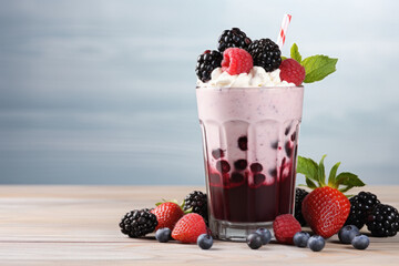 Wall Mural - milkshake with berries and cream in glass