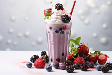 Wall Mural - milkshake with berries and cream in glass