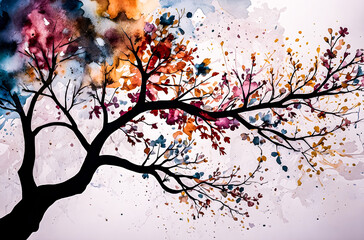 A tree with branches made of colorful watercolor flowers and leaves vector art painting illustration image. 
