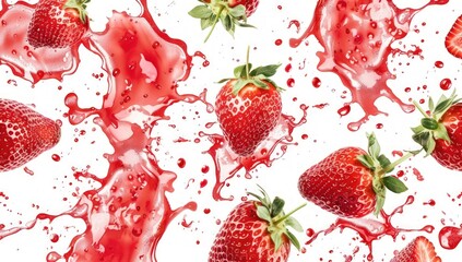 Poster - A close up of a bunch of red strawberries with red juice splattered on them