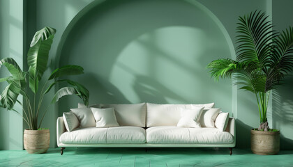 Wall Mural - white sofa with potted plants on green wall background with arch shape in minimalist interior design