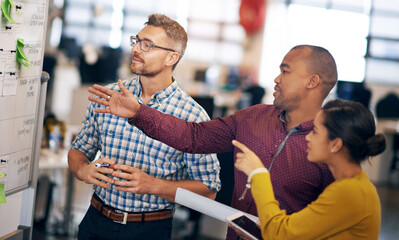 Aufkleber - Business people, board and brainstorming with planning, teamwork and share ideas with schedule. Group, employees and staff with project, talking and cooperation with copywriting and creative agency