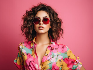 Wall Mural - young stylish woman wearing colorful clothes and sunglasses