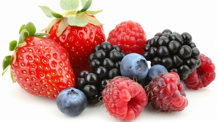 Wall Mural - Fresh mixed berries assortment isolated on white background