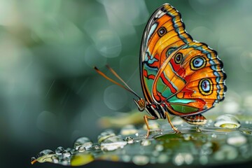 Wall Mural - A macro photograph of a vibrant butterfly resting on a dewy leaf