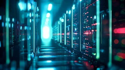 Poster - A row of computer servers in a data center. Concept of cyberspace, communication and technology.