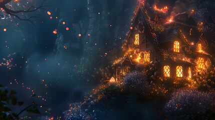 enchanted forest house illustration with glowing lights and sparks