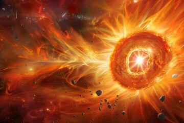 Wall Mural - brilliant solar flare eruption with drifting asteroids in space