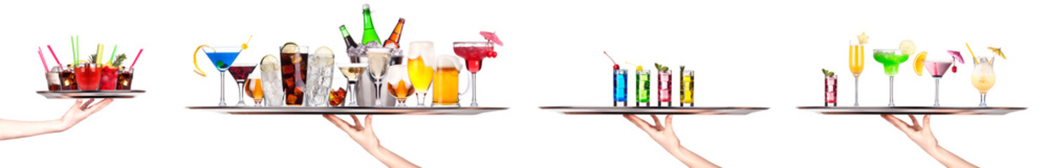 Poster - Hand holding tray with different alcohol cocktails isolated on white background