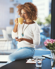 Poster - Woman, coffee and office with creative thinking for story ideas, research and writing articles for agency. Female person, morning and thoughts with drinking beverage or professional development.