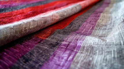 Wall Mural - Close up of modern textile print on cotton canvas with striped texture in red purple and gray