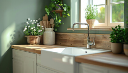 light green kitchen with a wooden countertop and a white sink