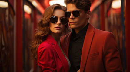 Wall Mural - man and woman wearing sunglasses, blurred rom, red background
