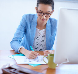 Poster - Creative agency, business woman and paper for drawing, sketch and poster draft in office. Graphic designer, planning and productivity with document layout for logo, website ideas and busy with pencil