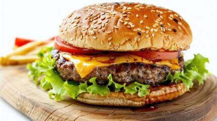 Wall Mural - Cheeseburger on a wooden board against a white background