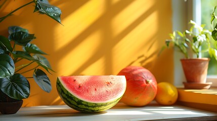 Wall Mural - A lively mustard backdrop with a solid watermelon color