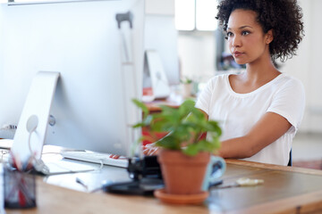 Poster - solution, web designer or african woman on computer for digital project development or problem solvi
