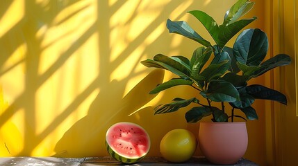 Wall Mural - A lively mustard backdrop with a solid watermelon color