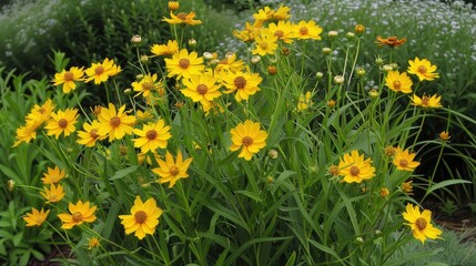 Wall Mural - close up of blooming lance leaved coreopsis with yellow flowers