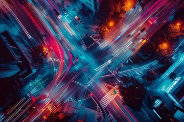 Wall Mural - Aerial view of a busy city intersection at night, with streaks of light from cars and streetlights creating an abstract pattern.