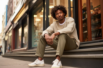 Canvas Print - young man sitting outside a shop, sitting on the stairs, dressed casually, wearing dark brown sneakers