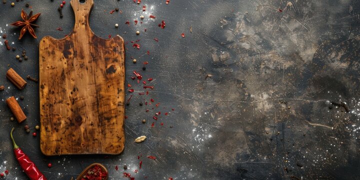 A wooden cutting board with a pepper shaker and a bottle of hot sauce on it