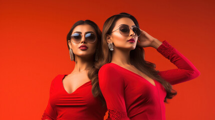 Wall Mural - two stylish indian women in red color tops and dress